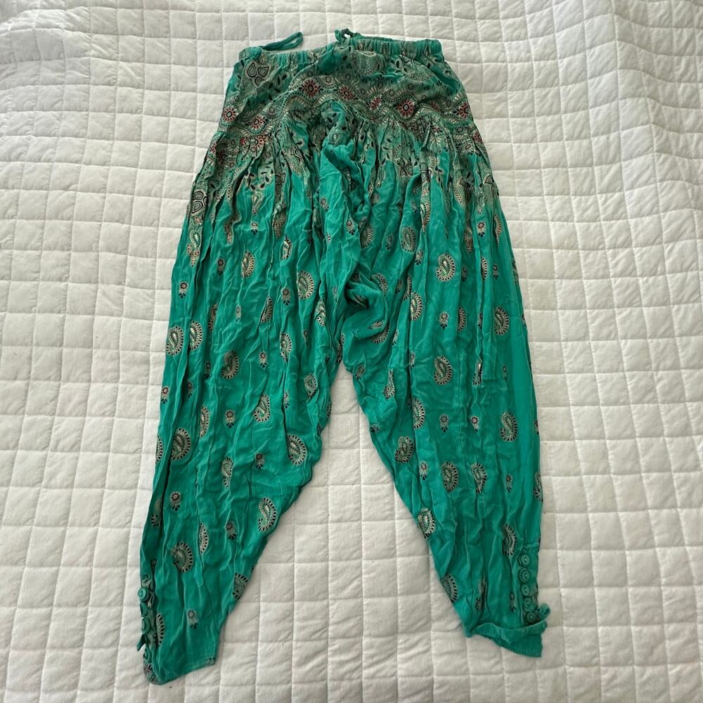 Vintage Belma Harem Pants Womens One Size Green Floral Boho Print 90s Festival